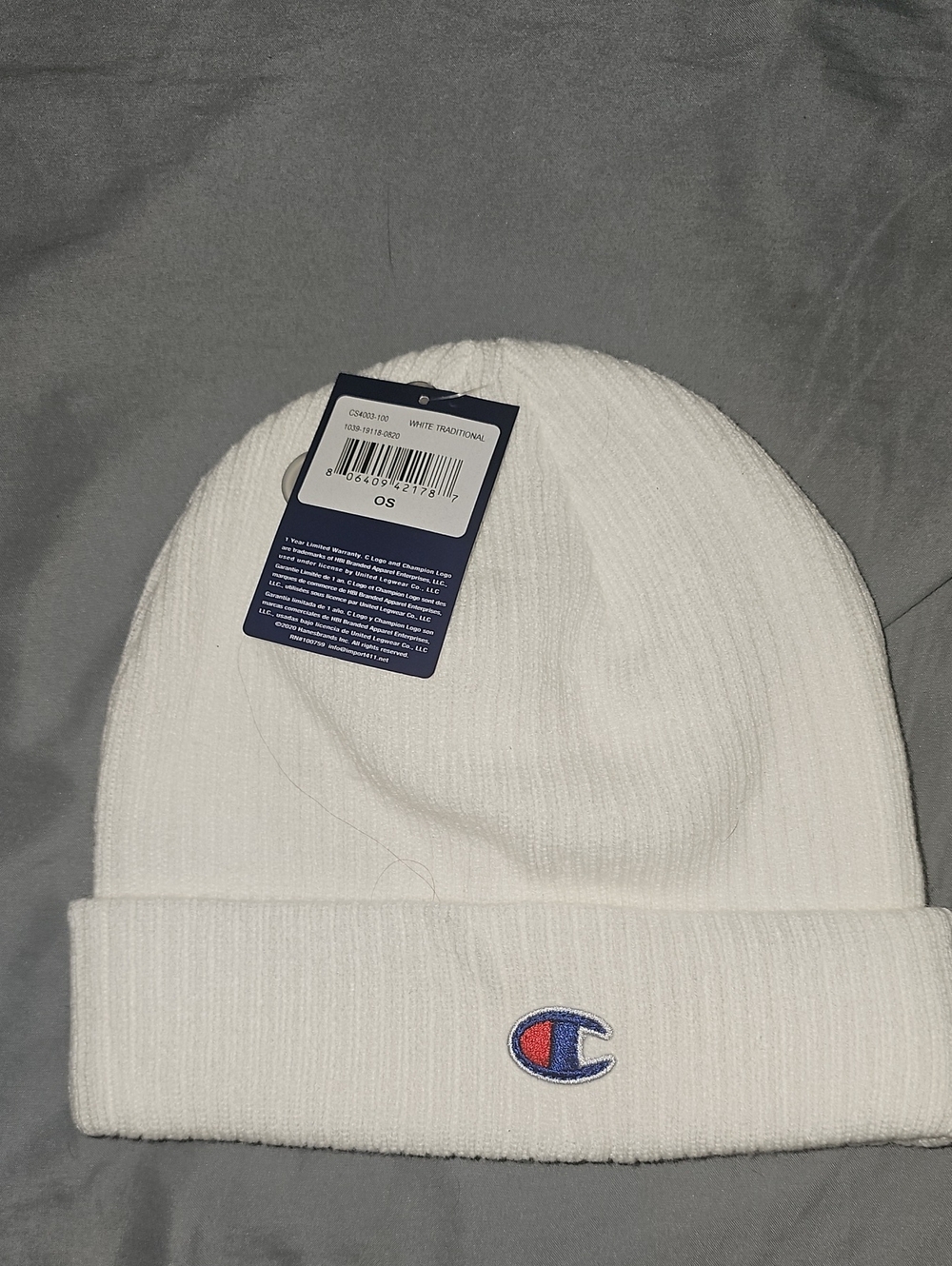 Champion White Knit Cuffed Beanie with Embroidered Logo